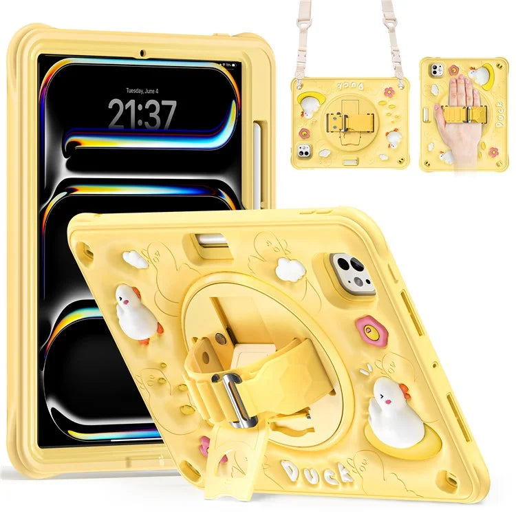 For iPad Pro 11 (2024) Case with Shoulder Strap Duck Pattern Hand Strap Kickstand PC+Silicone+TPU Cover
