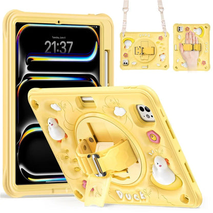 For iPad Pro 11 (2024) Case with Shoulder Strap Duck Pattern Hand Strap Kickstand PC+Silicone+TPU Cover