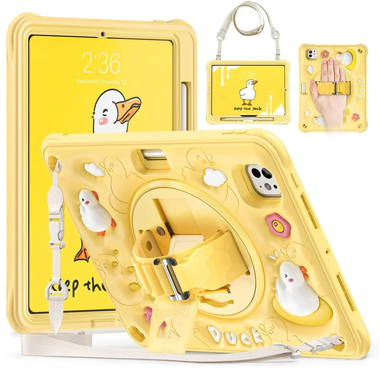 For iPad Pro 11 (2024) Case with Shoulder Strap Duck Pattern Hand Strap Kickstand PC+Silicone+TPU Cover