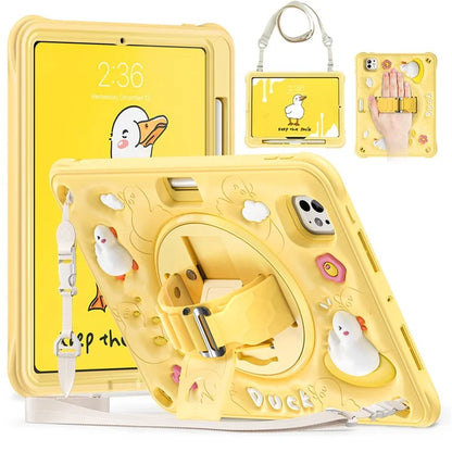 For iPad Pro 11 (2024) Case with Shoulder Strap Duck Pattern Hand Strap Kickstand PC+Silicone+TPU Cover