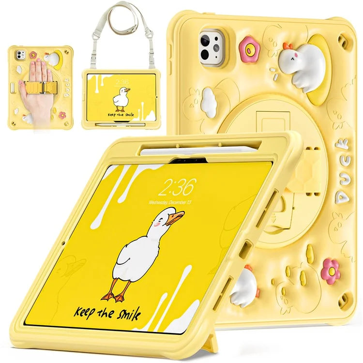 For iPad Pro 11 (2024) Case with Shoulder Strap Duck Pattern Hand Strap Kickstand PC+Silicone+TPU Cover