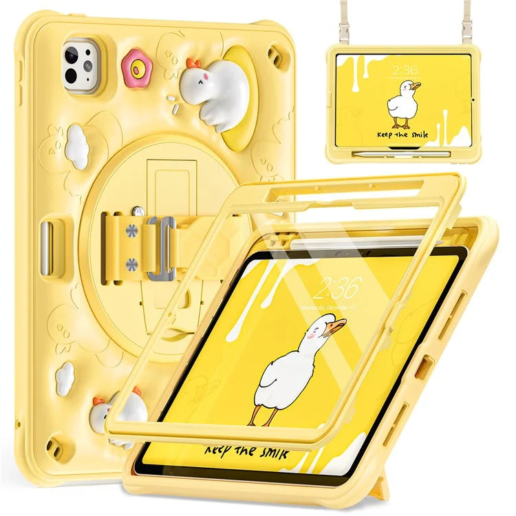 For iPad Pro 11 (2024) Case with Shoulder Strap Duck Pattern Hand Strap Kickstand PC+Silicone+TPU Cover