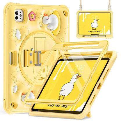 For iPad Pro 11 (2024) Case with Shoulder Strap Duck Pattern Hand Strap Kickstand PC+Silicone+TPU Cover