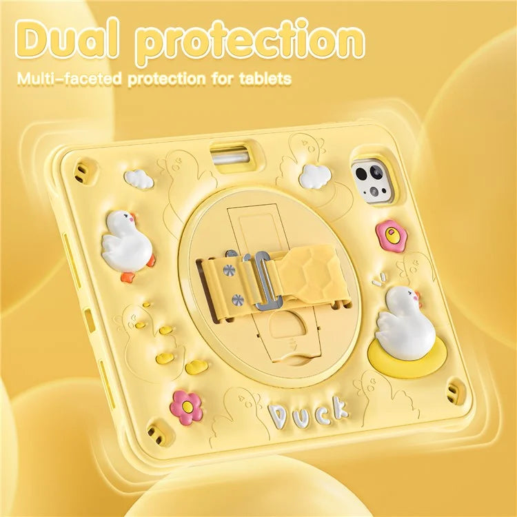 For iPad Pro 11 (2024) Case Duck Pattern Hand Strap Kickstand PC+Silicone+TPU Tablet Cover