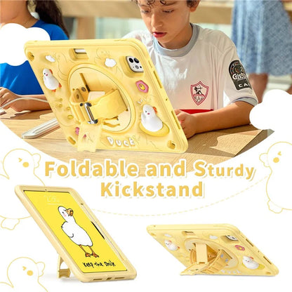 For iPad Pro 11 (2024) Case Duck Pattern Hand Strap Kickstand PC+Silicone+TPU Tablet Cover