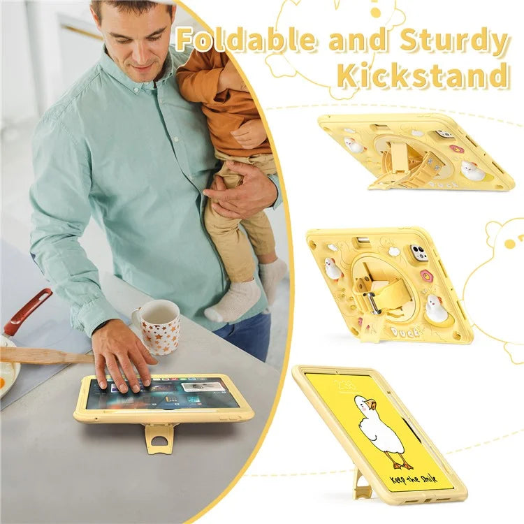 For iPad Pro 11 (2024) Case Duck Pattern Hand Strap Kickstand PC+Silicone+TPU Tablet Cover