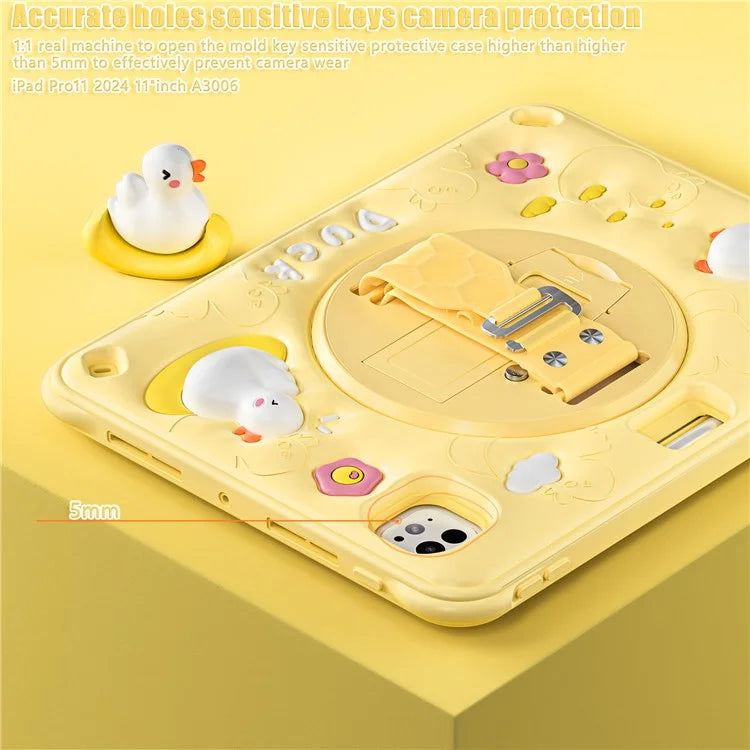 For iPad Pro 11 (2024) Case Duck Pattern Hand Strap Kickstand PC+Silicone+TPU Tablet Cover
