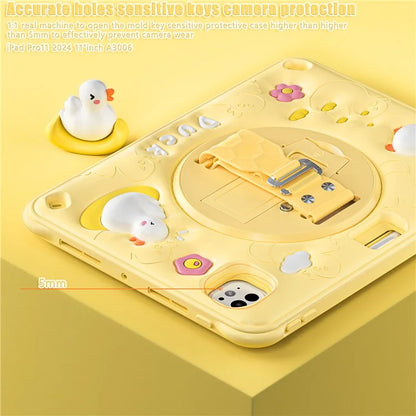 For iPad Pro 11 (2024) Case Duck Pattern Hand Strap Kickstand PC+Silicone+TPU Tablet Cover