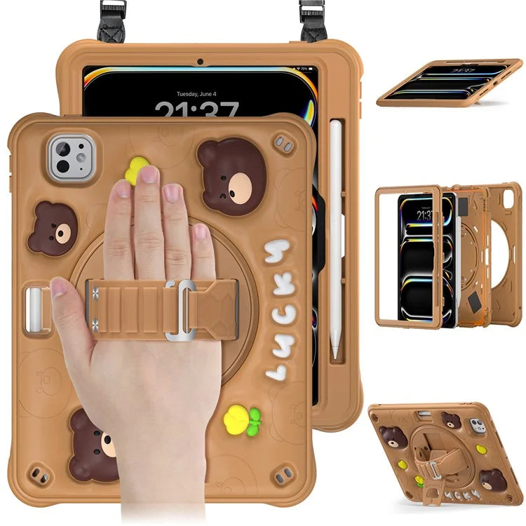 For iPad Pro 11 (2024) Case with Shoulder Strap Bear Pattern PC+Silicone+TPU Kickstand Tablet Cover