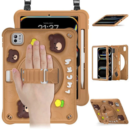 For iPad Pro 11 (2024) Case with Shoulder Strap Bear Pattern PC+Silicone+TPU Kickstand Tablet Cover