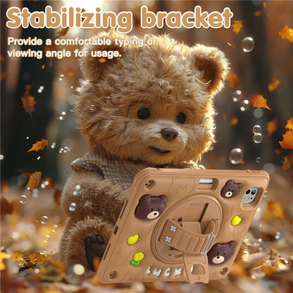 For iPad Pro 11 (2024) Case with Shoulder Strap Bear Pattern PC+Silicone+TPU Kickstand Tablet Cover