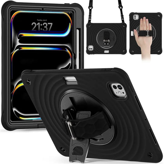 For iPad Pro 11 (2024) Case Kickstand Silicone Hand Strap Tablet Cover with Shoulder Strap