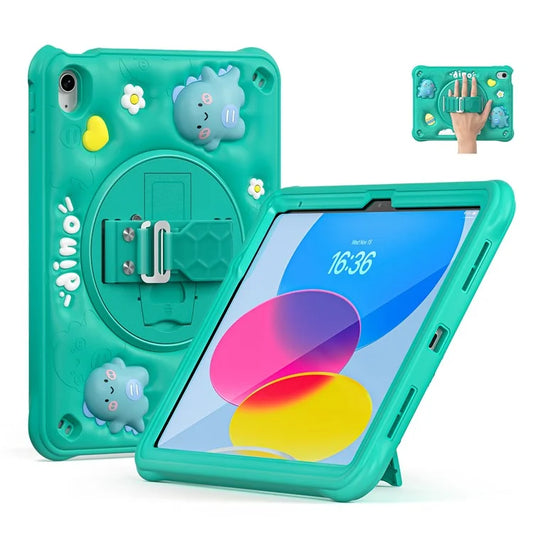 For iPad 10.9 (2022) Case Cartoon Dinosaur Hand Strap Kickstand PC+Silicone+TPU Cover