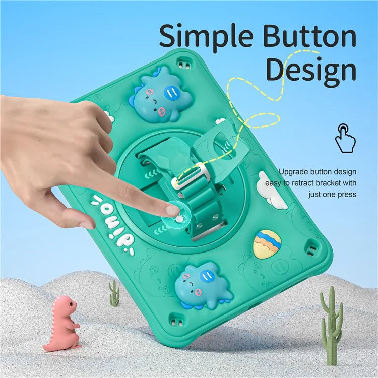 For iPad 10.9 (2022) Case Cartoon Dinosaur Hand Strap Kickstand PC+Silicone+TPU Cover