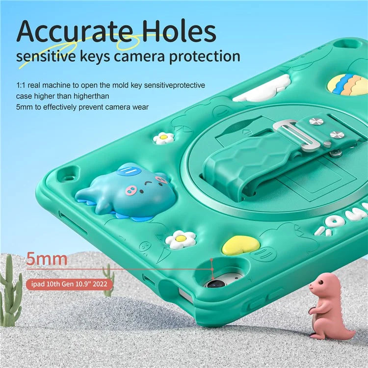 For iPad 10.9 (2022) Case Cartoon Dinosaur Hand Strap Kickstand PC+Silicone+TPU Cover