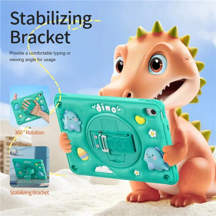 For iPad 10.9 (2022) Case Cartoon Dinosaur Hand Strap Kickstand PC+Silicone+TPU Cover
