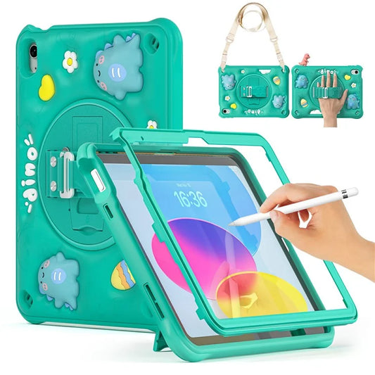 For iPad 10.9 (2022) Case with Shoulder Strap Cartoon Dinosaur Kickstand PC+Silicone+TPU Cover