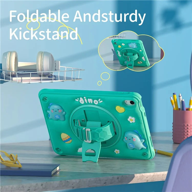 For iPad 10.9 (2022) Case with Shoulder Strap Cartoon Dinosaur Kickstand PC+Silicone+TPU Cover