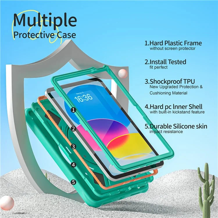 For iPad 10.9 (2022) Case with Shoulder Strap Cartoon Dinosaur Kickstand PC+Silicone+TPU Cover