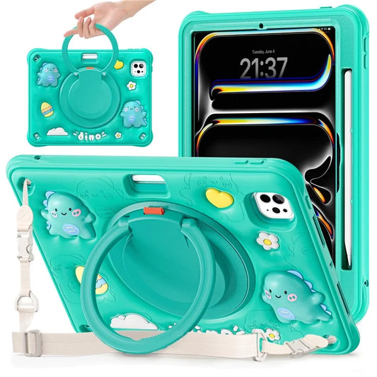 For iPad Pro 11 (2024) Case with Shoulder Strap Cartoon Dinosaur Kickstand PC+Silicone+TPU Tablet Cover