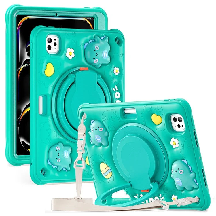For iPad Pro 11 (2024) Case with Shoulder Strap Cartoon Dinosaur Kickstand PC+Silicone+TPU Tablet Cover