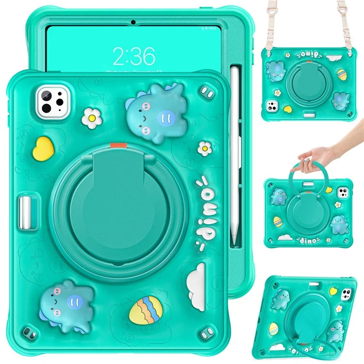 For iPad Pro 11 (2024) Case with Shoulder Strap Cartoon Dinosaur Kickstand PC+Silicone+TPU Tablet Cover