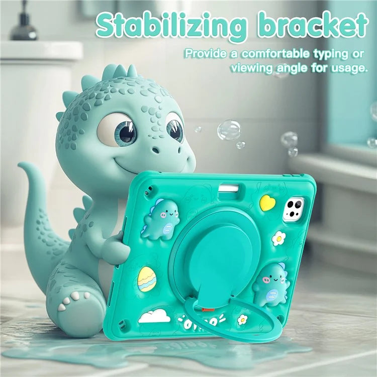 For iPad Pro 11 (2024) Case with Shoulder Strap Cartoon Dinosaur Kickstand PC+Silicone+TPU Tablet Cover