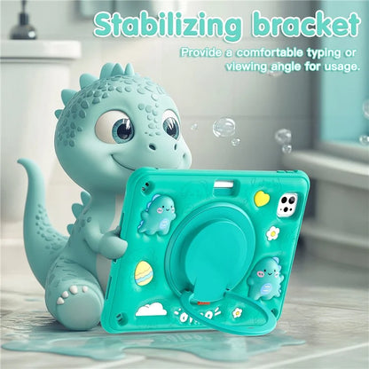 For iPad Pro 11 (2024) Case with Shoulder Strap Cartoon Dinosaur Kickstand PC+Silicone+TPU Tablet Cover