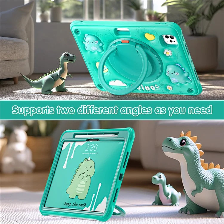 For iPad Pro 11 (2024) Case with Shoulder Strap Cartoon Dinosaur Kickstand PC+Silicone+TPU Tablet Cover
