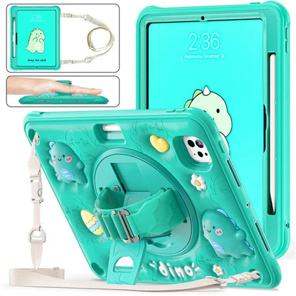 For iPad Pro 11 (2024) Case with Shoulder Strap Cartoon Dinosaur Kickstand PC+Silicone+TPU Cover