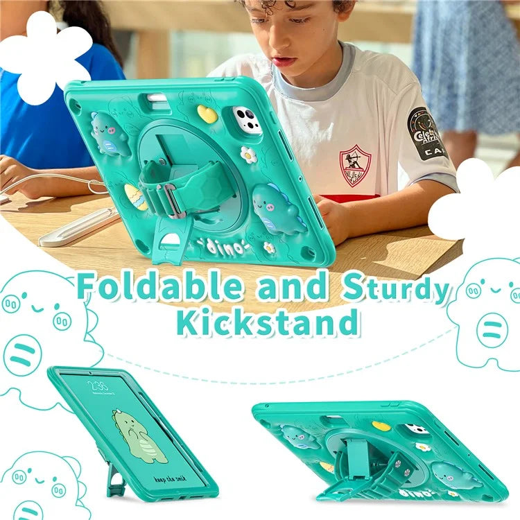 For iPad Pro 11 (2024) Case Cartoon Dinosaur Hand Strap Kickstand PC+Silicone+TPU Cover