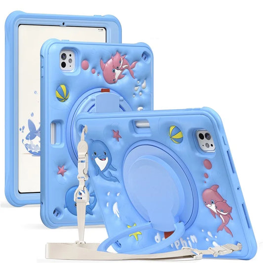 For iPad Pro 11 (2024) Case with Shoulder Strap Cute Dolphin PC+Silicone+TPU Kickstand Tablet Cover