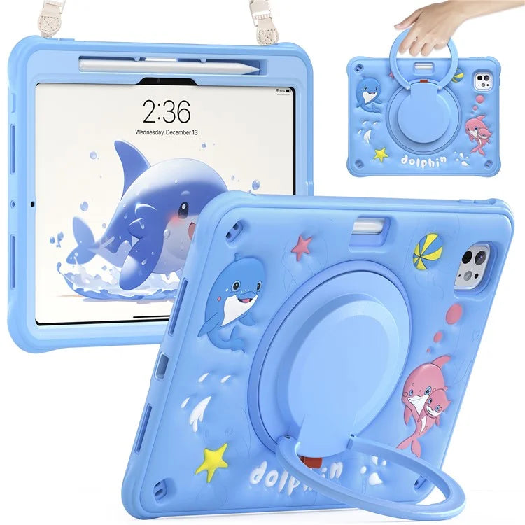 For iPad Pro 11 (2024) Case with Shoulder Strap Cute Dolphin PC+Silicone+TPU Kickstand Tablet Cover