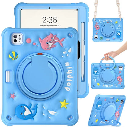 For iPad Pro 11 (2024) Case with Shoulder Strap Cute Dolphin PC+Silicone+TPU Kickstand Tablet Cover