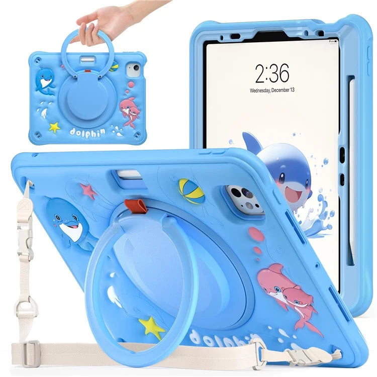 For iPad Pro 11 (2024) Case with Shoulder Strap Cute Dolphin PC+Silicone+TPU Kickstand Tablet Cover