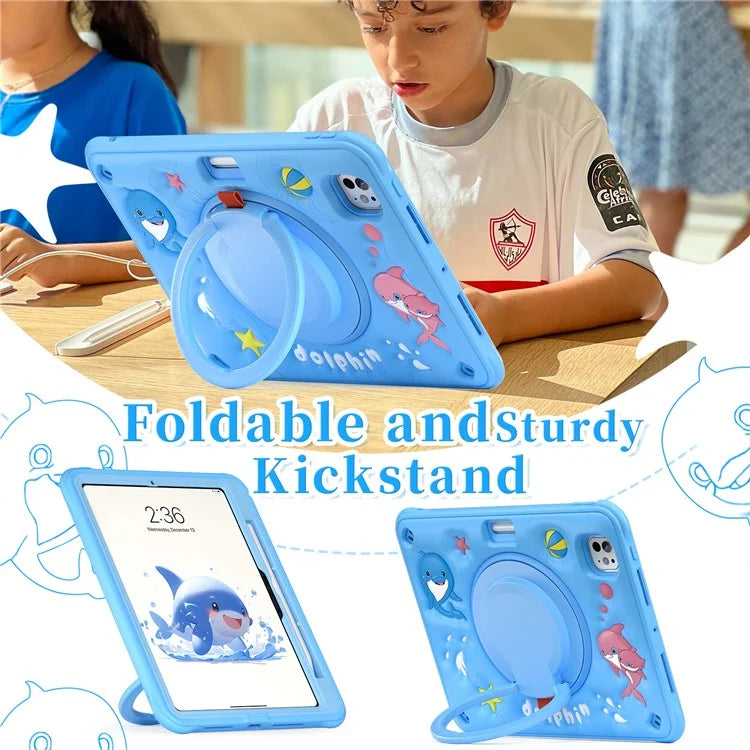 For iPad Pro 11 (2024) Case with Shoulder Strap Cute Dolphin PC+Silicone+TPU Kickstand Tablet Cover