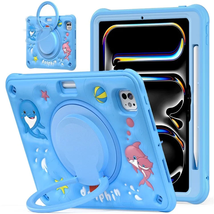 For iPad Pro 11 (2024) Case Cute Dolphin PC+Silicone+TPU Kickstand Tablet Cover