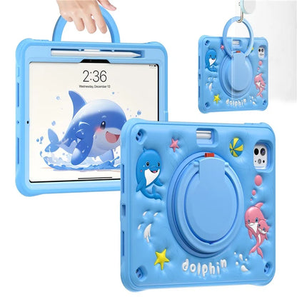 For iPad Pro 11 (2024) Case Cute Dolphin PC+Silicone+TPU Kickstand Tablet Cover