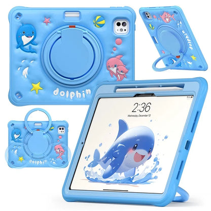 For iPad Pro 11 (2024) Case Cute Dolphin PC+Silicone+TPU Kickstand Tablet Cover