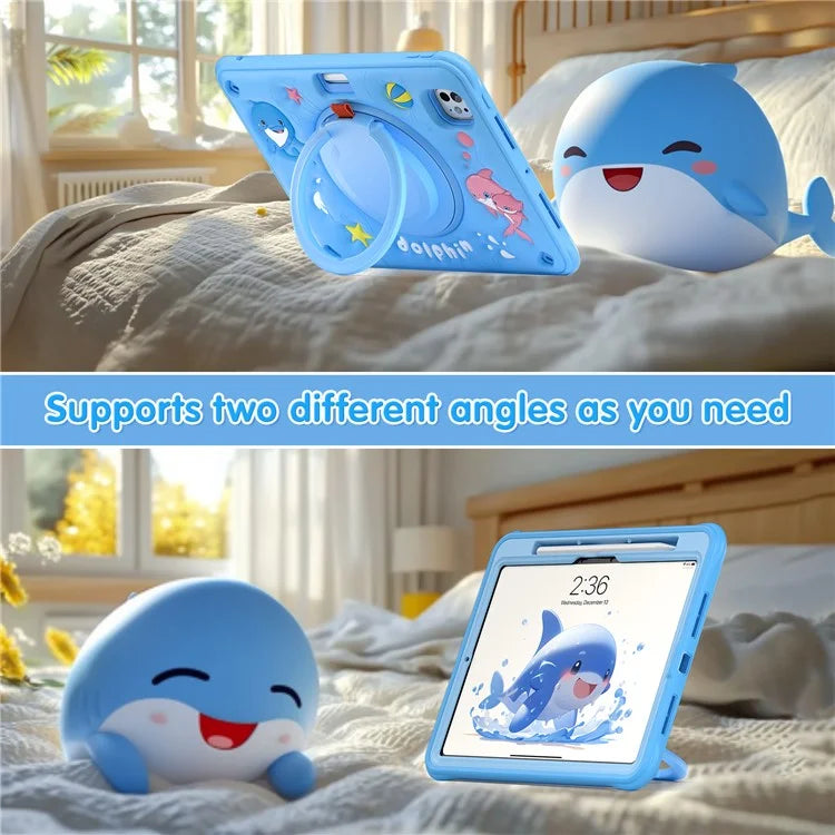 For iPad Pro 11 (2024) Case Cute Dolphin PC+Silicone+TPU Kickstand Tablet Cover
