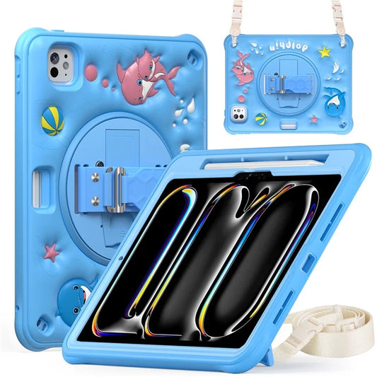 For iPad Pro 11 (2024) Case with Shoulder Strap Kickstand PC+Silicone+TPU Cute Dolphin Cover