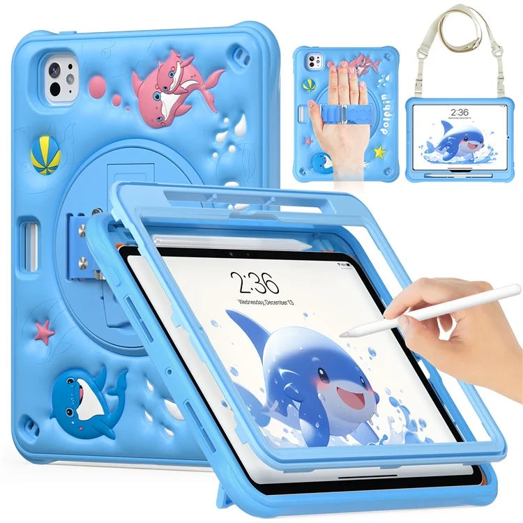 For iPad Pro 11 (2024) Case with Shoulder Strap Kickstand PC+Silicone+TPU Cute Dolphin Cover