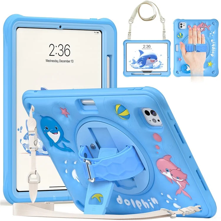 For iPad Pro 11 (2024) Case with Shoulder Strap Kickstand PC+Silicone+TPU Cute Dolphin Cover