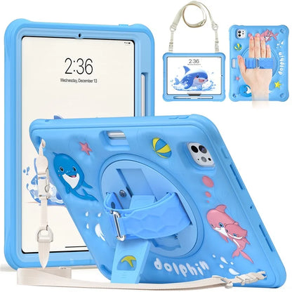 For iPad Pro 11 (2024) Case with Shoulder Strap Kickstand PC+Silicone+TPU Cute Dolphin Cover