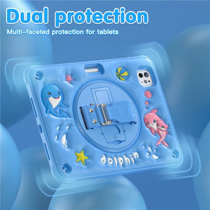For iPad Pro 11 (2024) Case with Shoulder Strap Kickstand PC+Silicone+TPU Cute Dolphin Cover