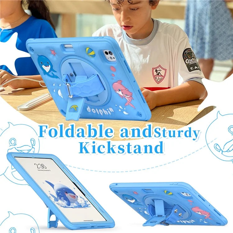For iPad Pro 11 (2024) Case Cute Dolphin Kickstand PC+Silicone+TPU Tablet Cover