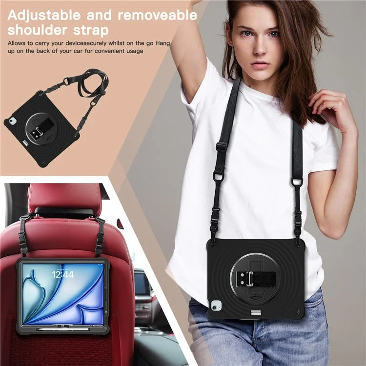 For iPad Air 13 (2024) / iPad Pro 12.9 (2022) / (2021) / (2020) / (2018) Case Kickstand Hand Strap Tablet Cover with Shoulder Strap
