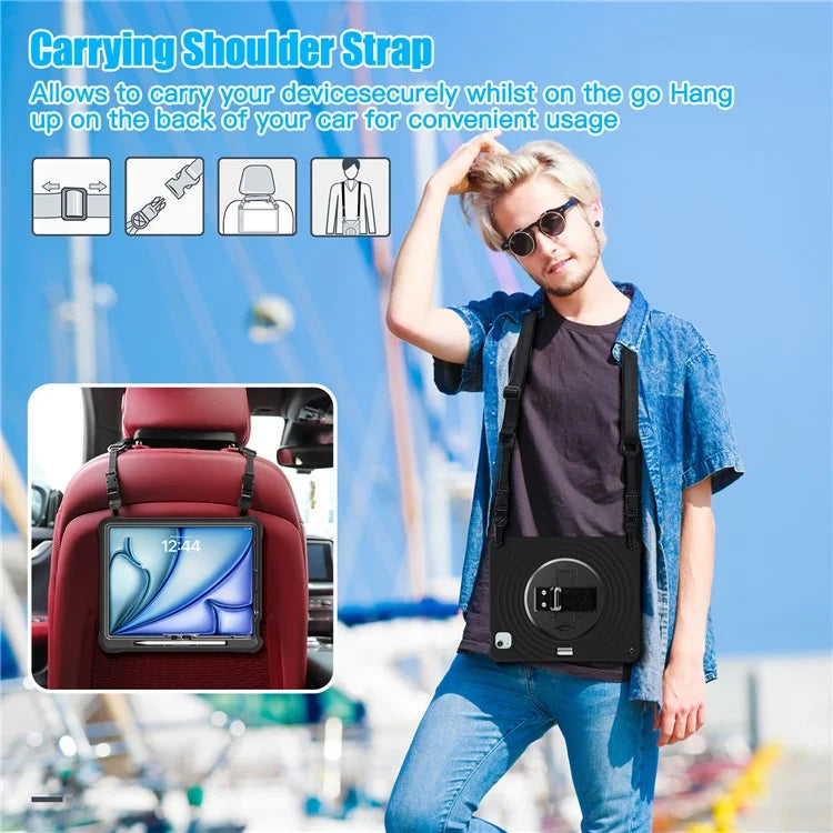 For iPad Air 13 (2024) / iPad Pro 12.9 (2022) / (2021) / (2020) / (2018) Case Kickstand Hand Strap Tablet Cover with Shoulder Strap