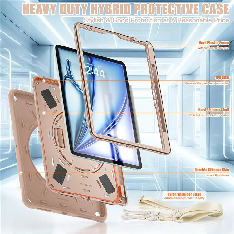 For iPad Air 13 (2024) / iPad Pro 12.9 (2022) / (2021) / (2020) / (2018) Case Kickstand Hand Strap Tablet Cover with Shoulder Strap