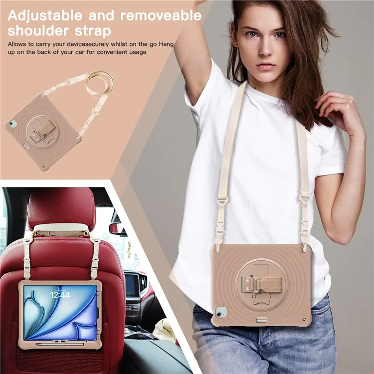 For iPad Air 13 (2024) / iPad Pro 12.9 (2022) / (2021) / (2020) / (2018) Case Kickstand Hand Strap Tablet Cover with Shoulder Strap